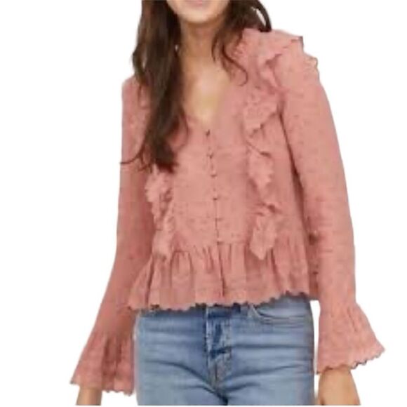H&M Size 10 Pink Long Sleeve Ruffled Button Down Top Blouse - Picture 1 of 8